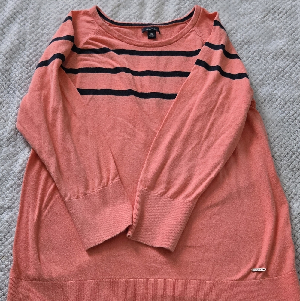 Nautica Women's Striped Cotton Sweater (Pale Coral) - Picture 2 of 4